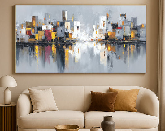 Wide modern skyline print with layered neutral city blocks, soft reflections, and subtle warm accents in gold and red