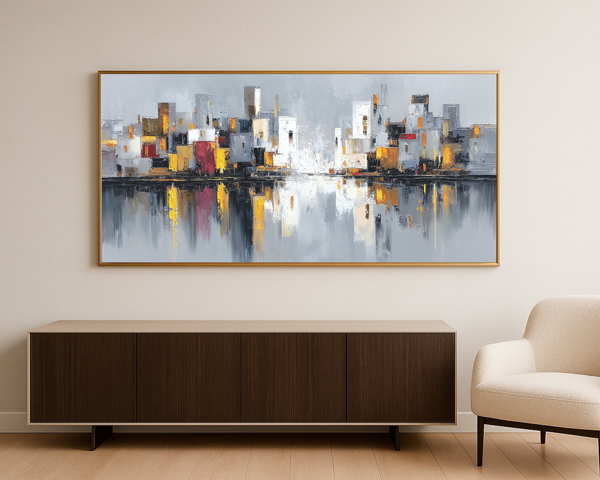 Contemporary city panorama showing minimalist architectural forms in gray and cream with mirrored reflections and warm color highlights