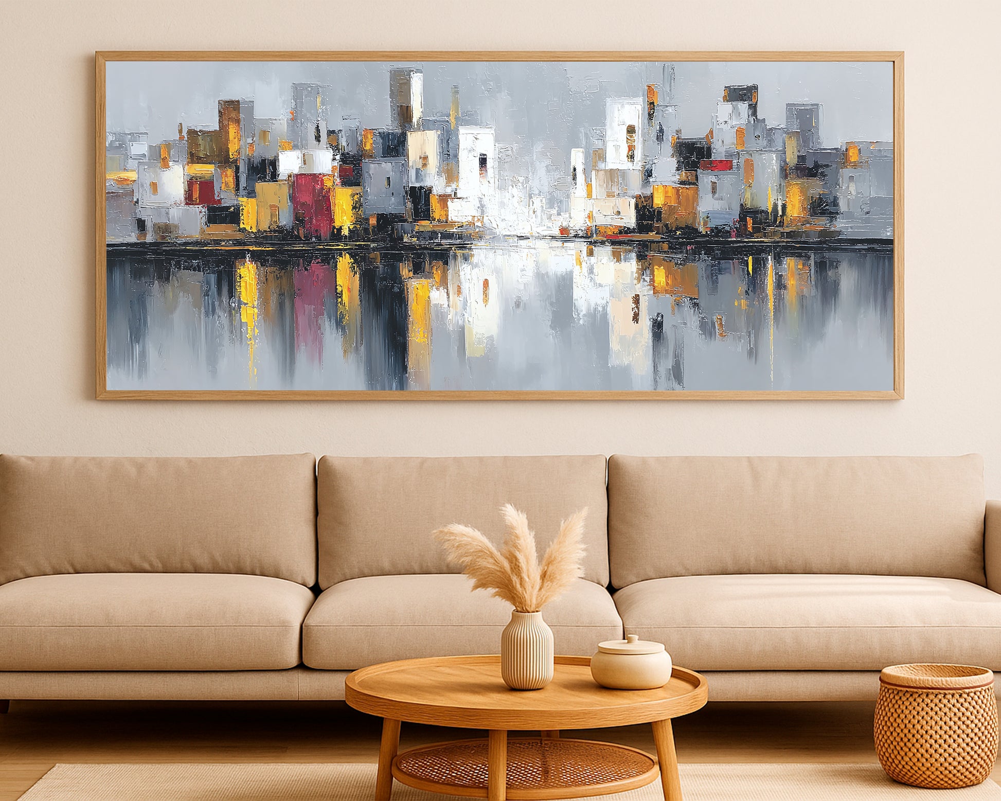 Abstract urban wall decor featuring a refined skyline composition with white and gray towers, soft gold notes, and reflective water