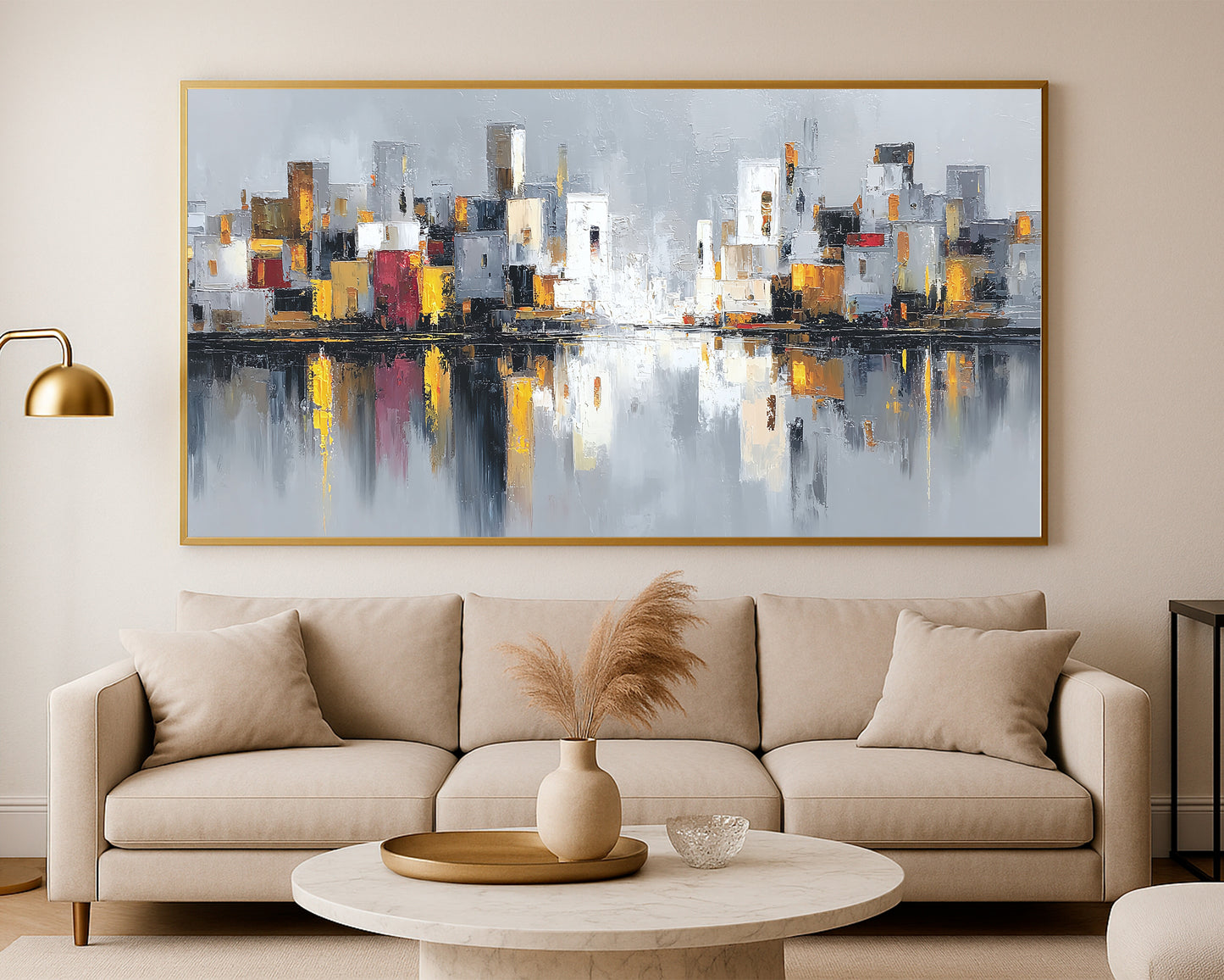 Panoramic cityscape artwork with modern neutral buildings, subtle red and gold accents, and a calm mirrored waterfront composition