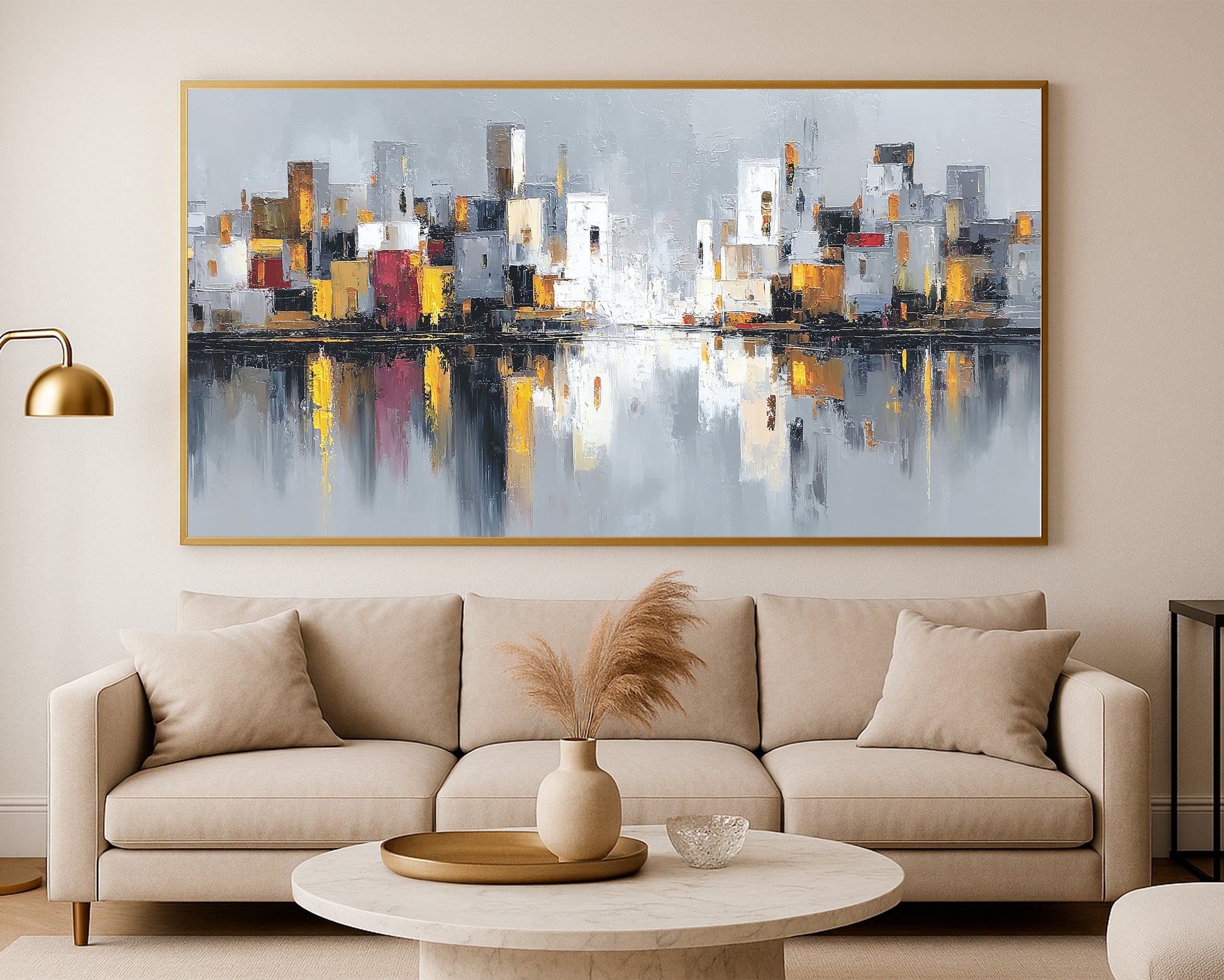Panoramic cityscape artwork with modern neutral buildings, subtle red and gold accents, and a calm mirrored waterfront composition