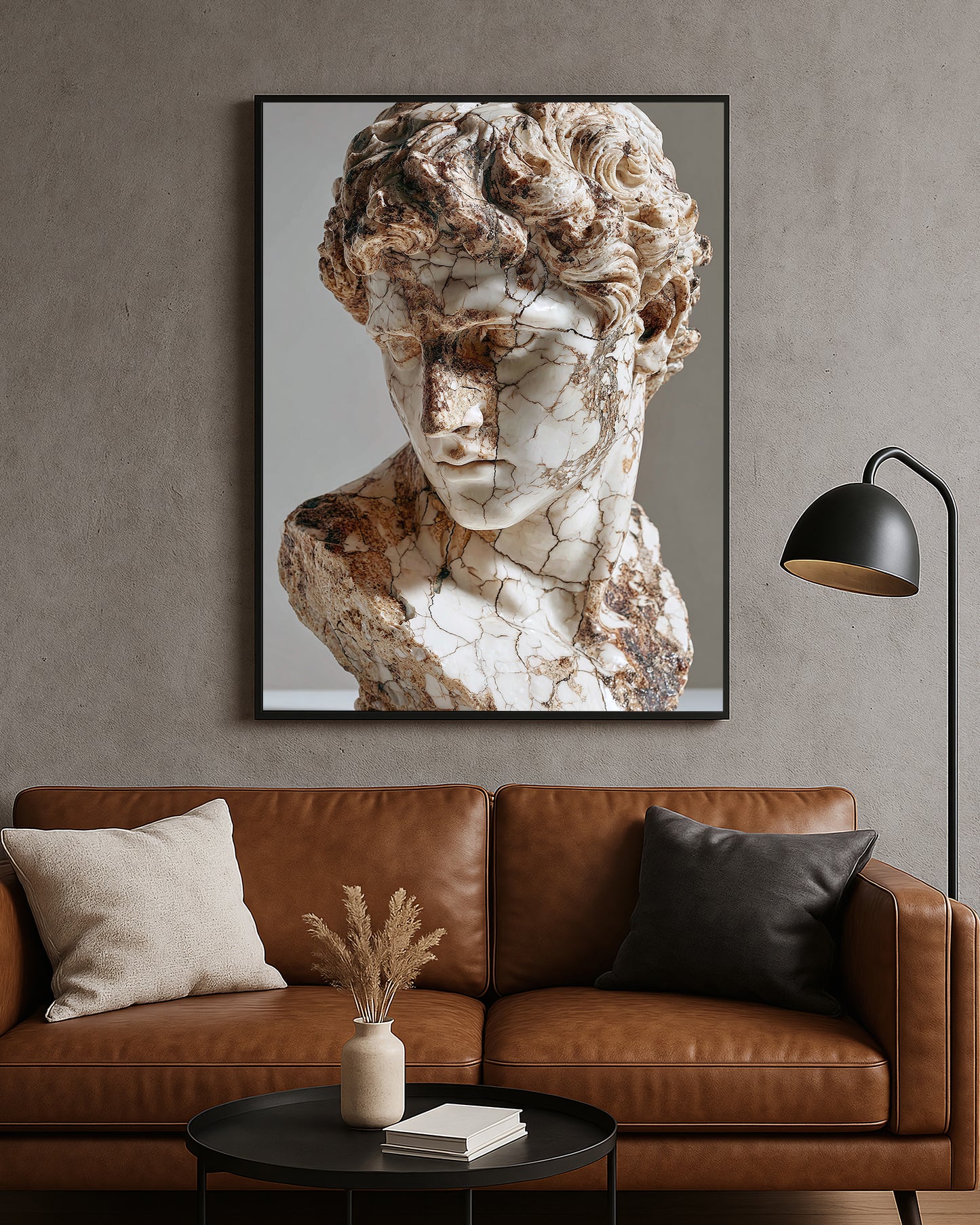 Weathered statue bust artwork showing a classical face with broken marble texture and brown veining.