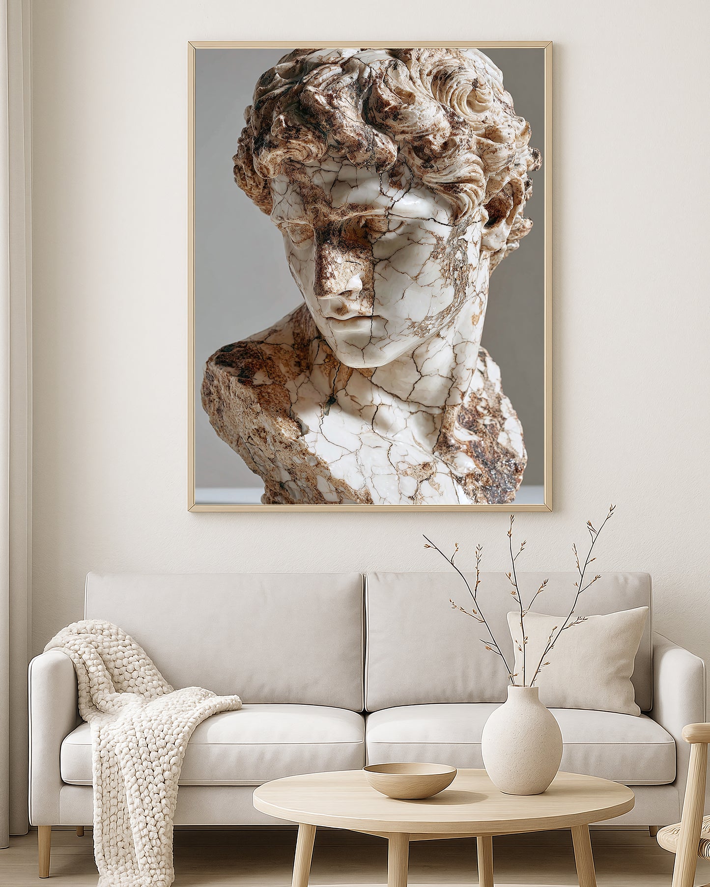 Antique sculpture print featuring a marble bust with curled hair, cracked surface, and neutral tones.