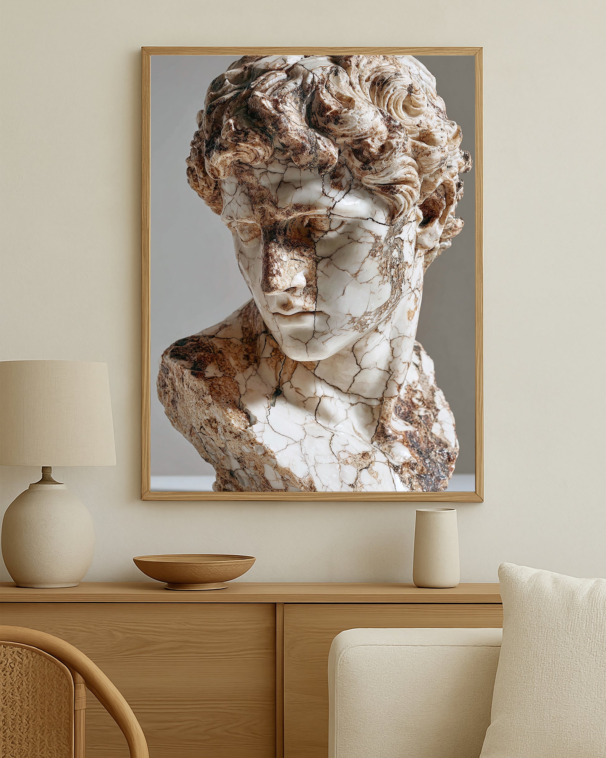 Refined classical statue wall art with ivory stone texture, aged patina, and museum-inspired detail.