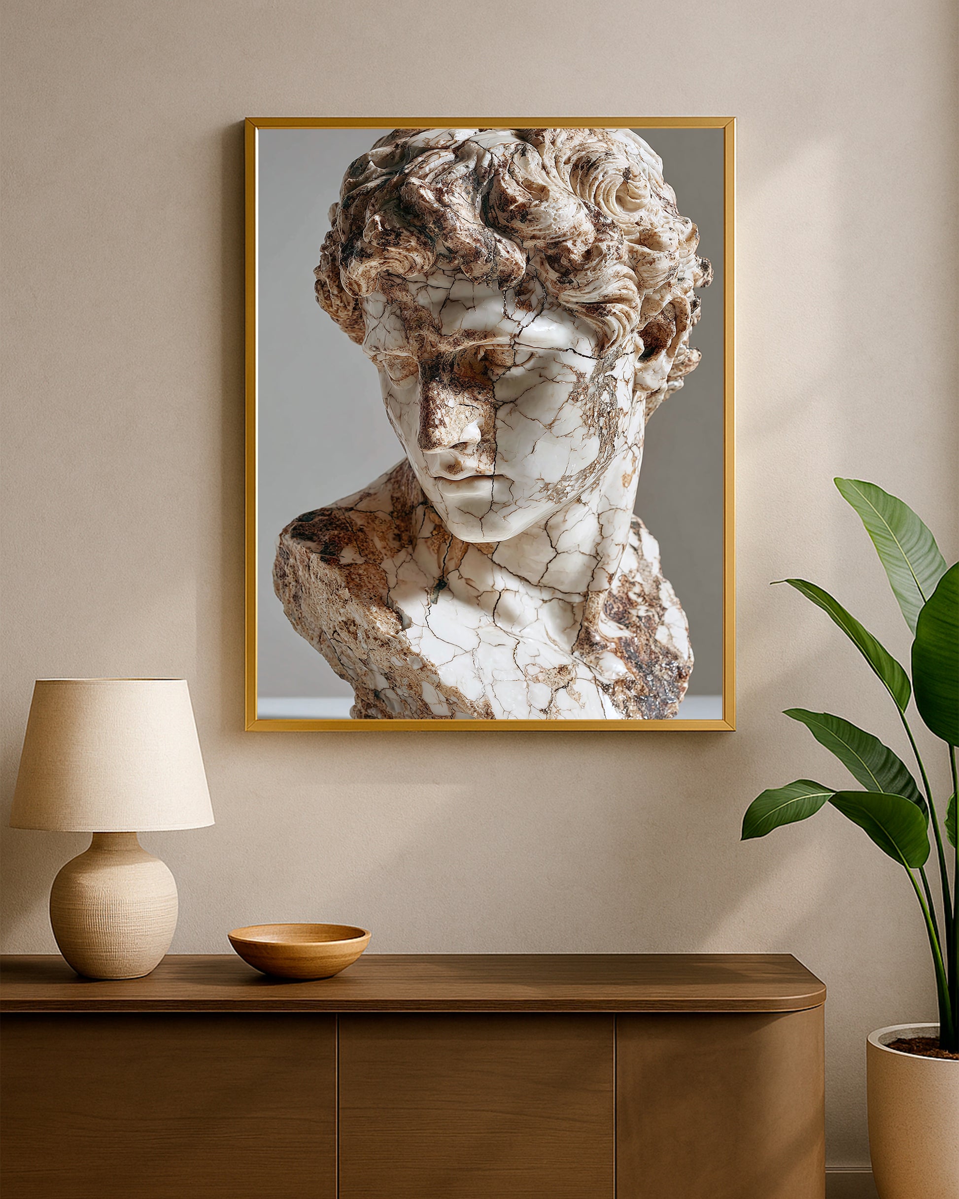 Marble bust portrait artwork with cracked stone surface, sculptural form, and timeless neutral palette.