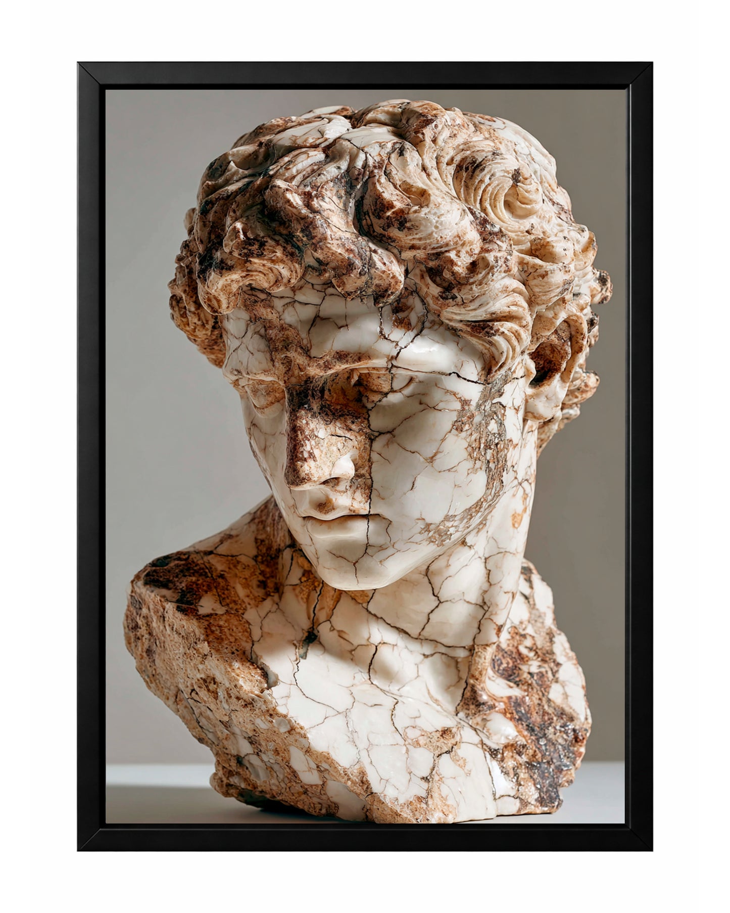 Classical marble bust wall art with cracked ivory stone, sculpted curls, and warm antique patina.