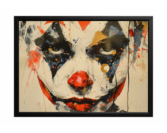 Abstract clown face wall art with bold black eye makeup, red nose, and vivid painted smile