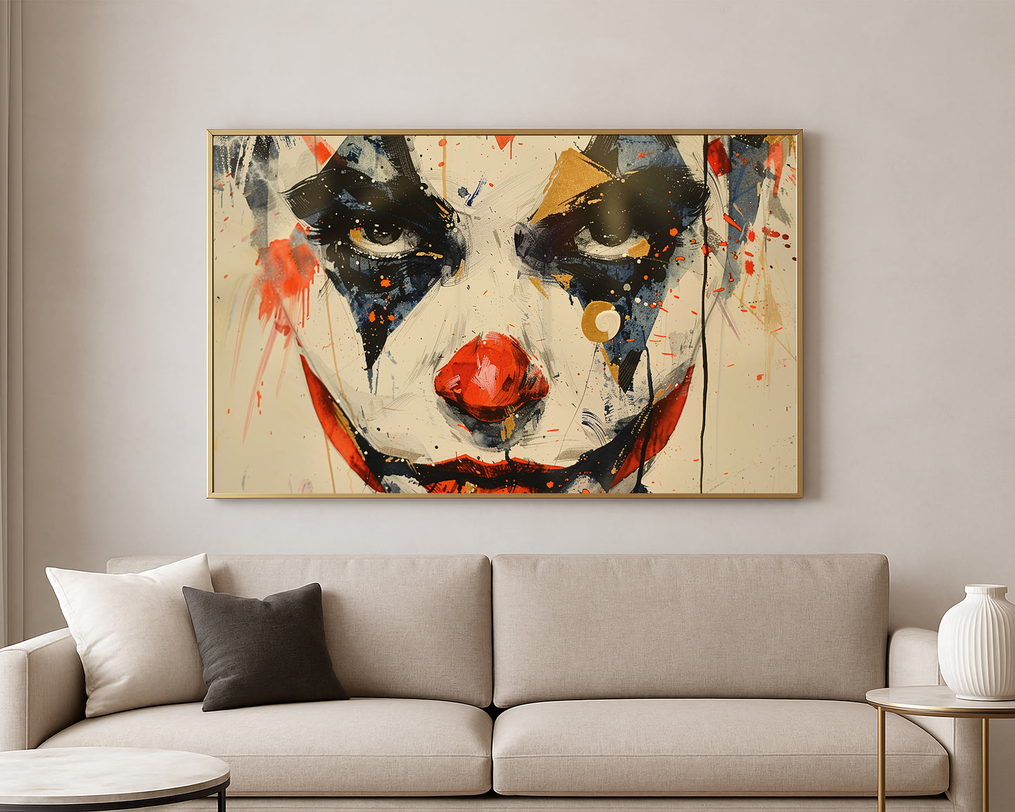 Modern clown portrait artwork in black, ivory, red, and gold with expressive splatter details