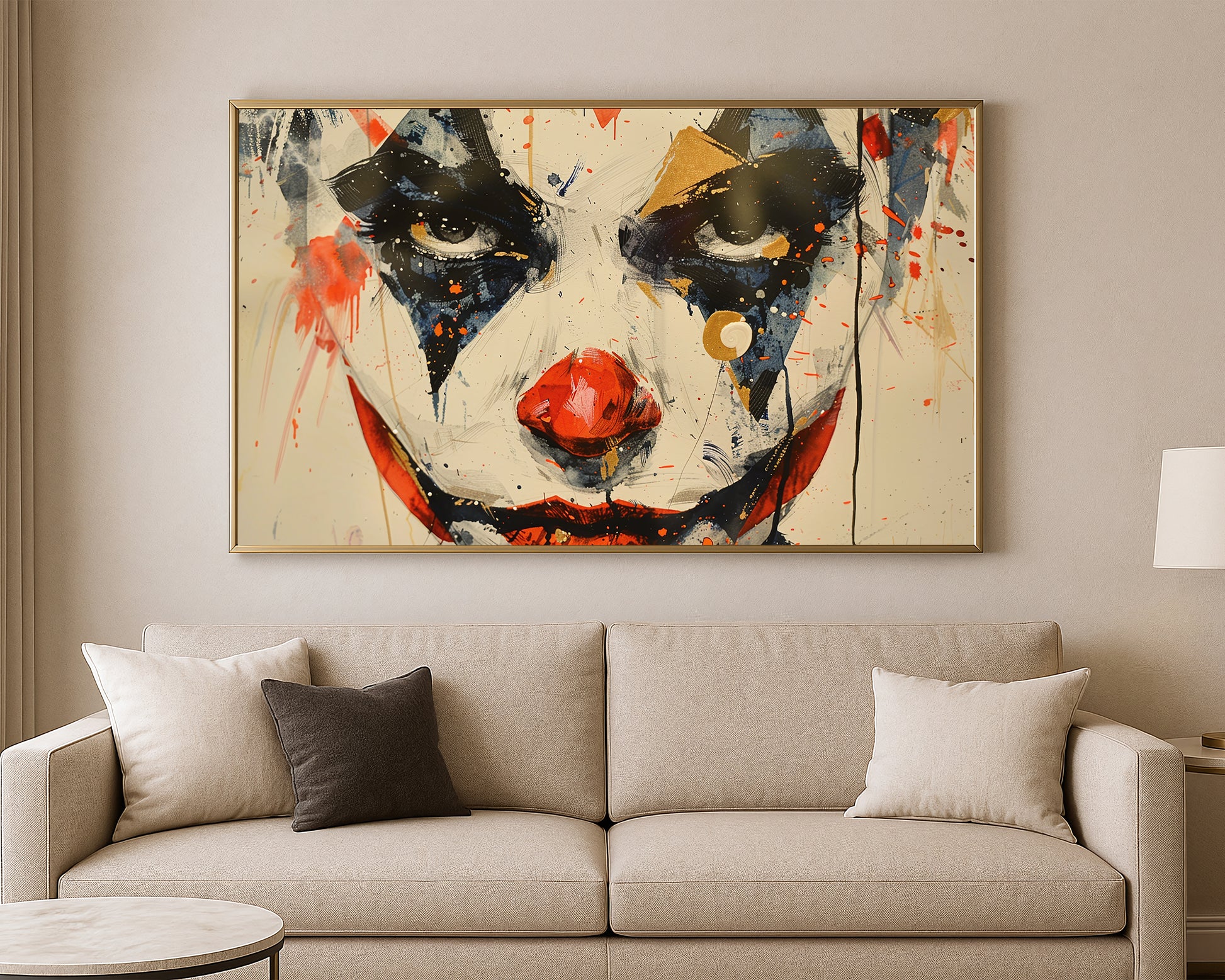 Graphic face wall art featuring a dramatic clown-inspired portrait on a light textured background