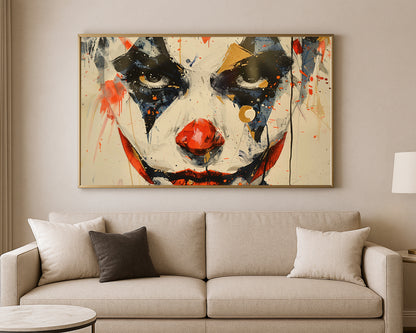 Graphic face wall art featuring a dramatic clown-inspired portrait on a light textured background