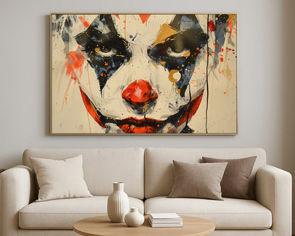 Contemporary abstract clown print with intense eyes, angular shapes, and painterly red accents