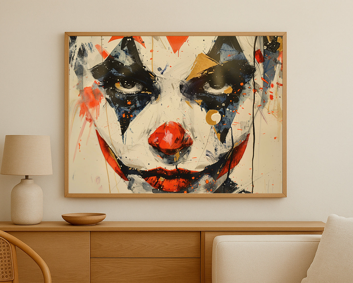 Statement portrait wall decor with a stylized clown face in high-contrast modern brushwork