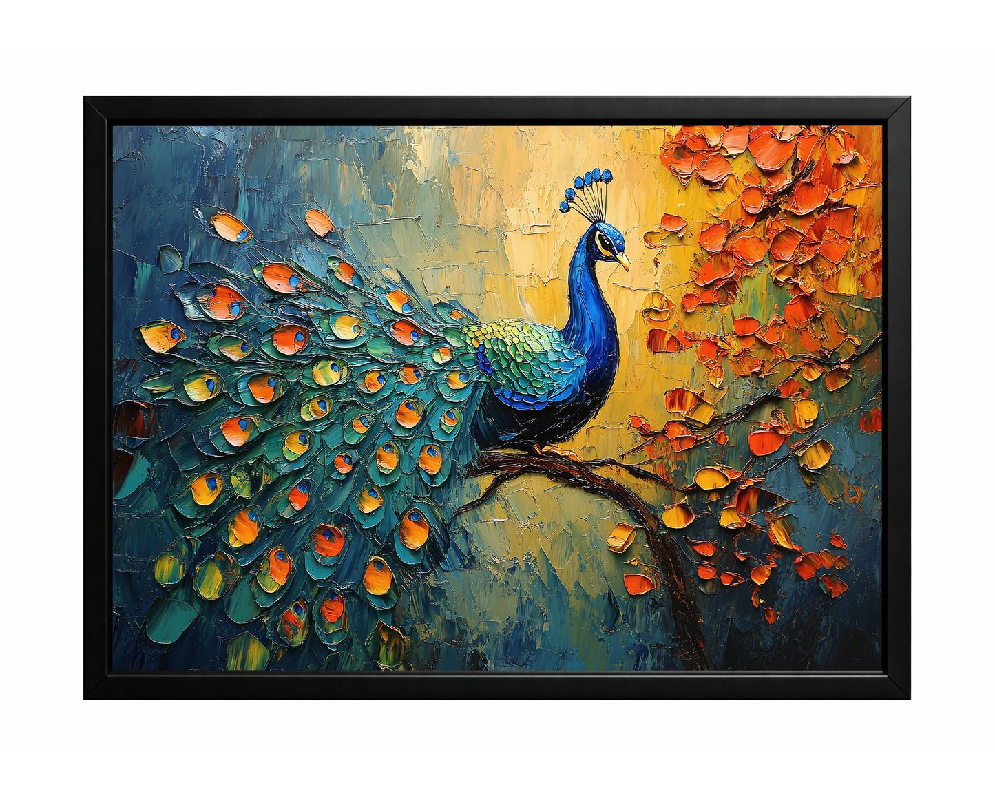 Colorful peacock wall art perched on a branch with textured blue, teal, and orange feathers