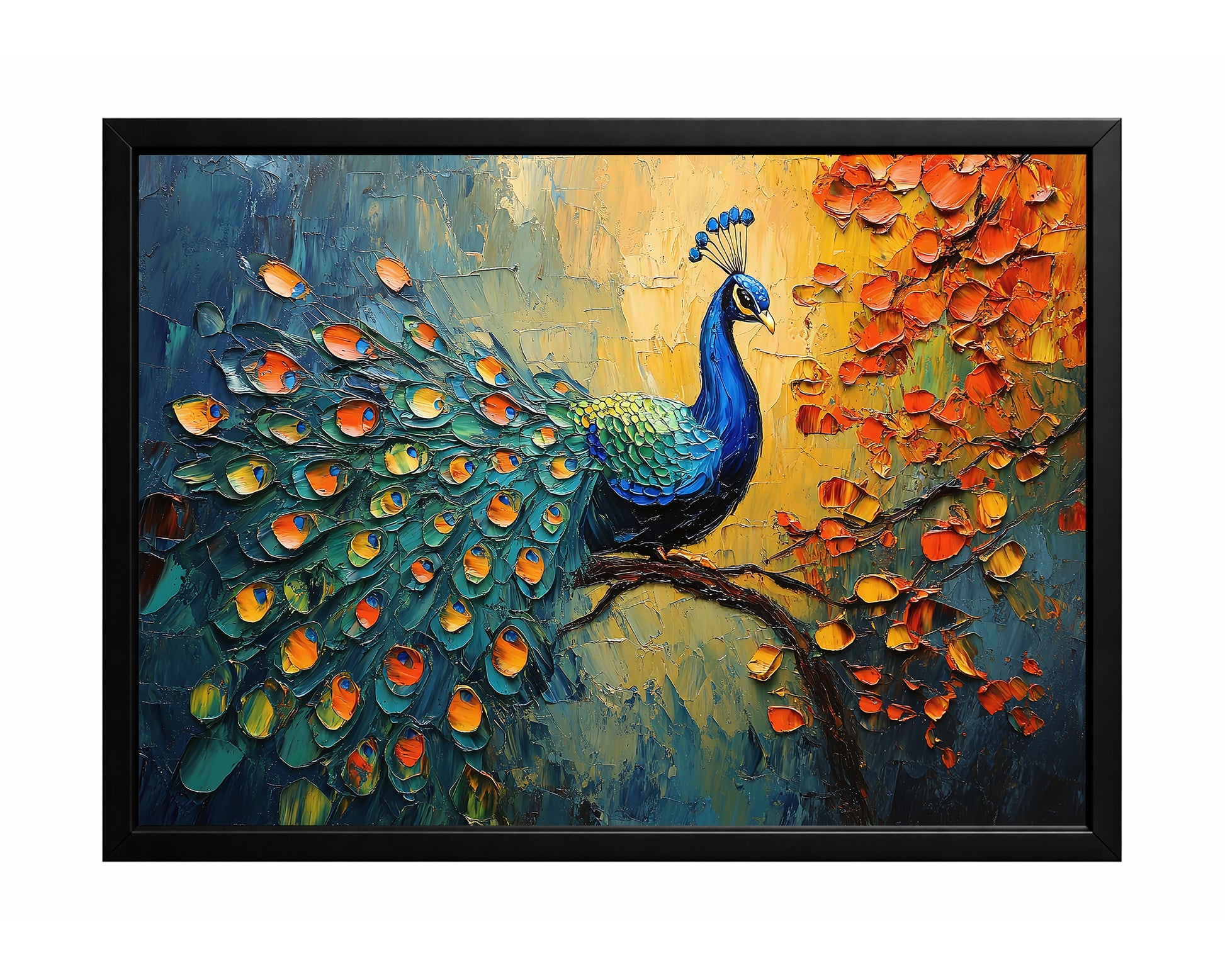 Colorful peacock wall art perched on a branch with textured blue, teal, and orange feathers