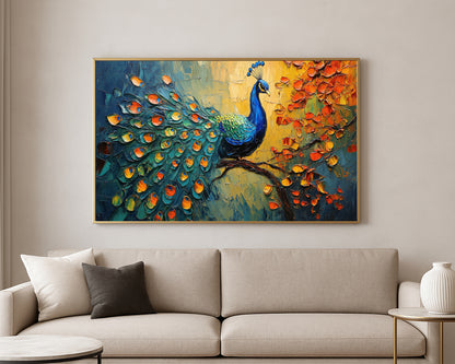 Textured peacock artwork with vivid tail feathers and warm golden orange floral background