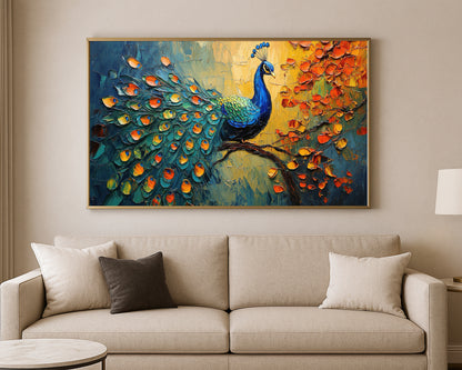 Modern bird wall art featuring a blue peacock with layered feathers in rich jewel tones