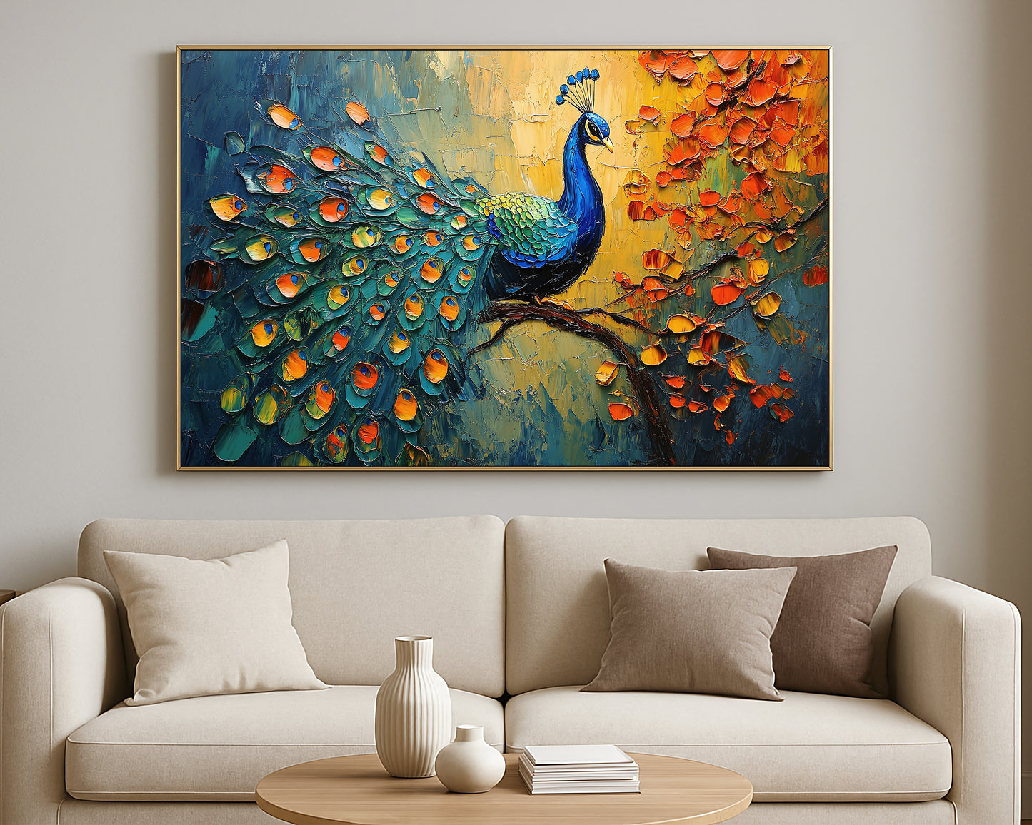 Peacock nature print with expressive brushwork in teal, gold, orange, and deep blue