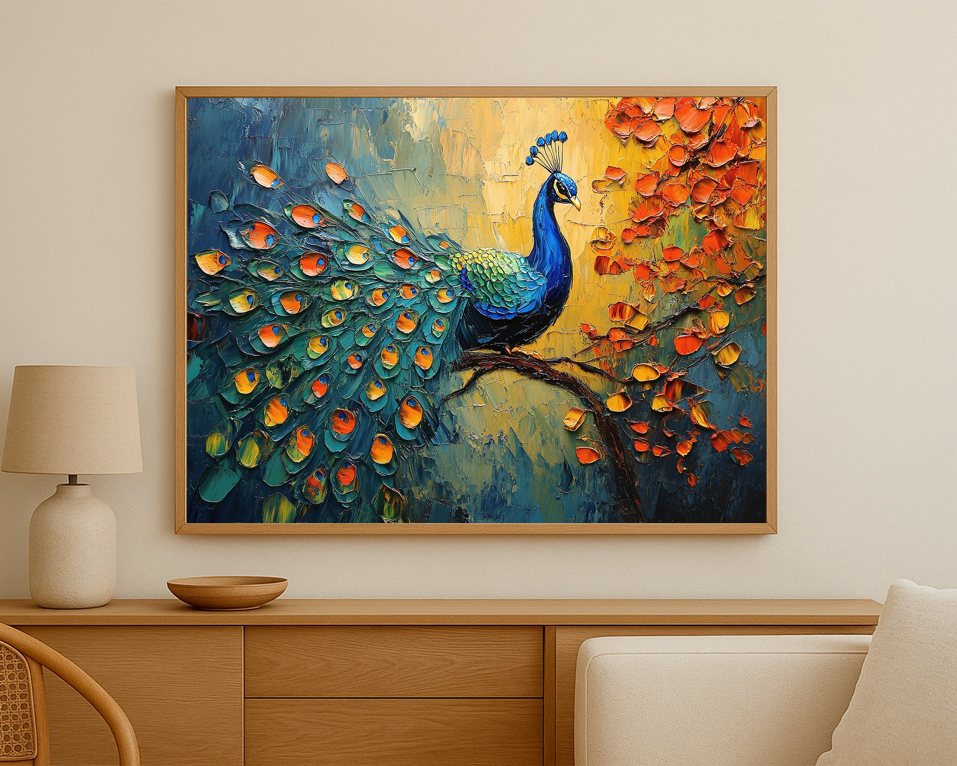 Elegant peacock wall decor with vibrant plumage and a dramatic textured painted background