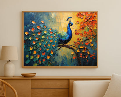 Elegant peacock wall decor with vibrant plumage and a dramatic textured painted background