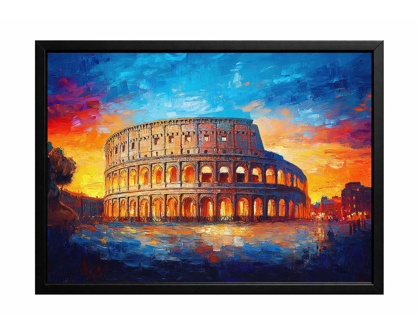 Colosseum wall art at sunset with glowing arches, reflective streets, and a vivid blue and orange sky.