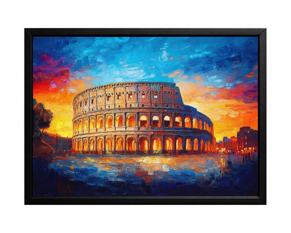 Colosseum wall art at sunset with glowing arches, reflective streets, and a vivid blue and orange sky.