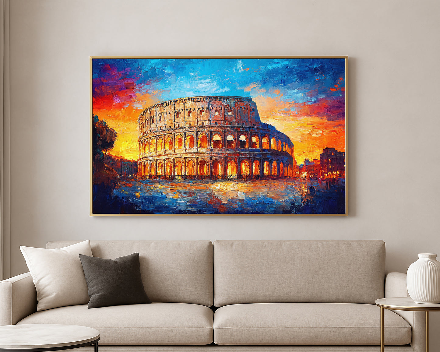 Rome architecture painting featuring the illuminated Colosseum under a dramatic sunset sky with rich warm and cool tones.