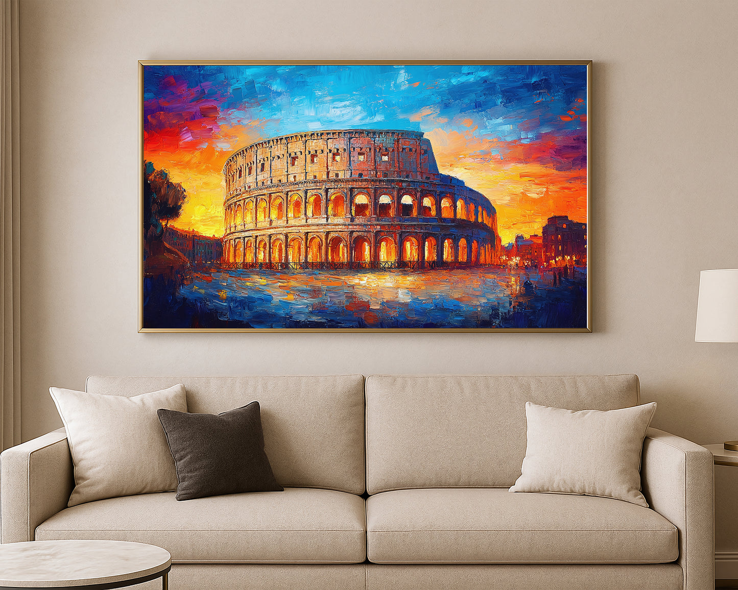 Textured landmark artwork showing the Colosseum lit from within against a bright orange horizon and deep blue evening sky.