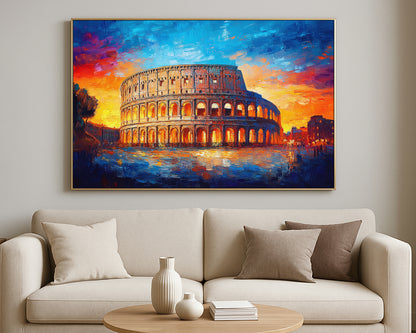 Travel-inspired cityscape wall art of the Roman Colosseum with glowing reflections and expressive painterly brushstrokes.