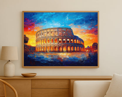 Historic architecture painting of the Colosseum in Rome with fiery sunset colors, bright arches, and a moody blue foreground.