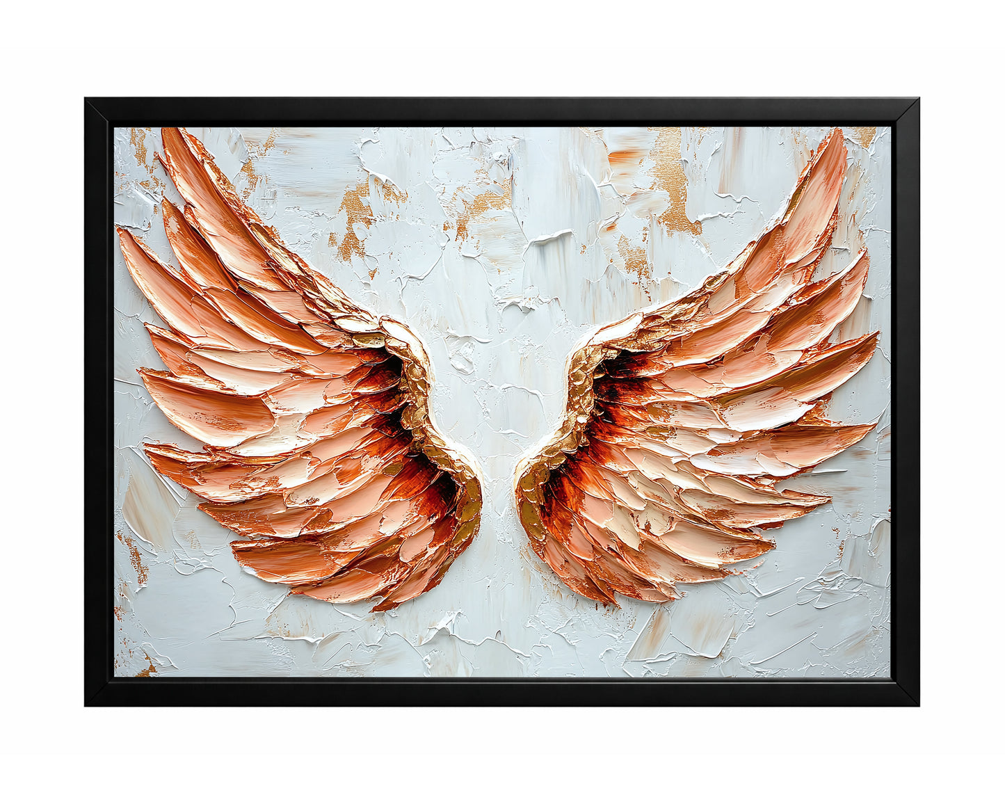 Peach angel wings wall art with layered feather texture on a soft white and cream textured background.