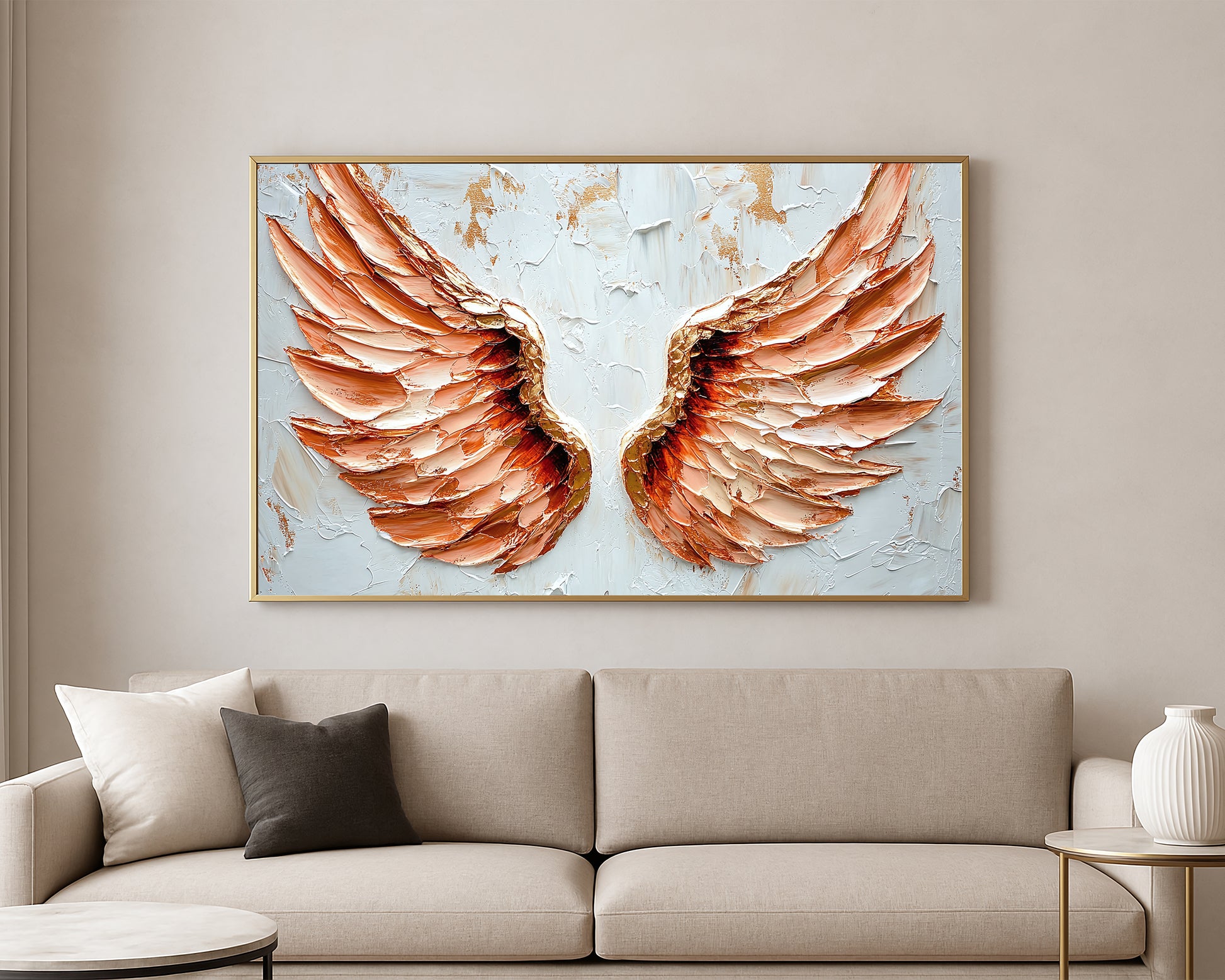 Decorative wing artwork featuring blush and peach-toned angel wings with subtle gold accents on a light neutral backdrop.