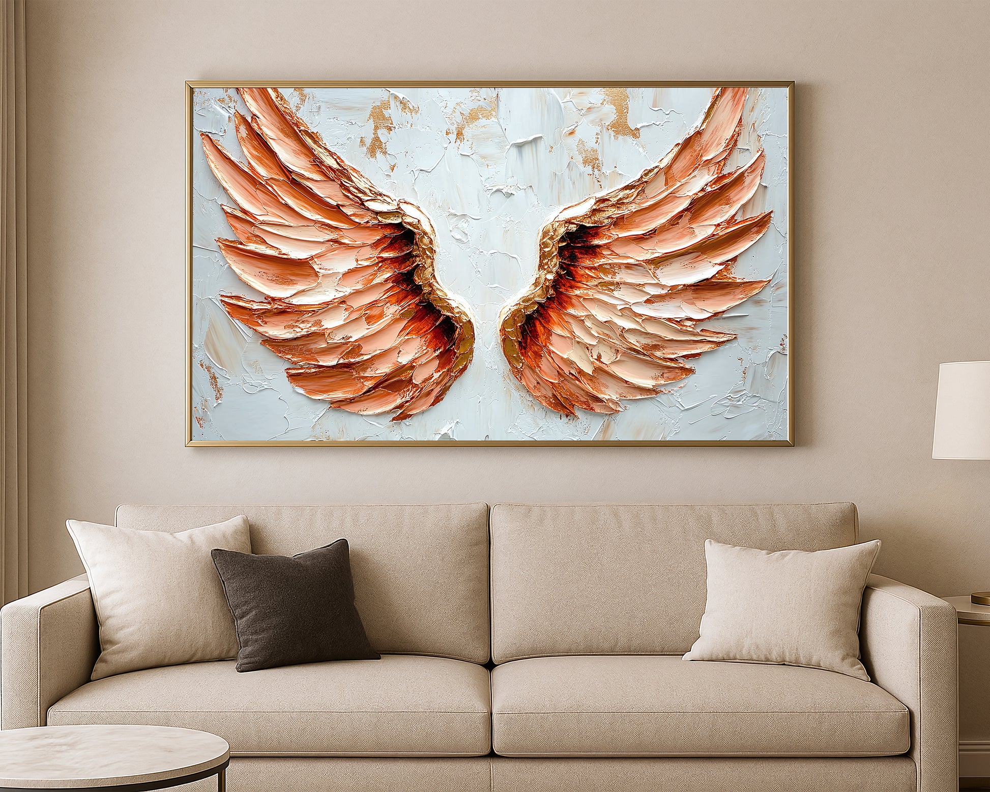 Textured angel wings painting with warm peach feathers and sculpted detail against a soft ivory background.