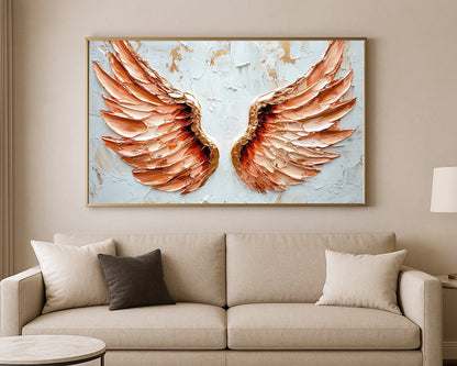 Textured angel wings painting with warm peach feathers and sculpted detail against a soft ivory background.