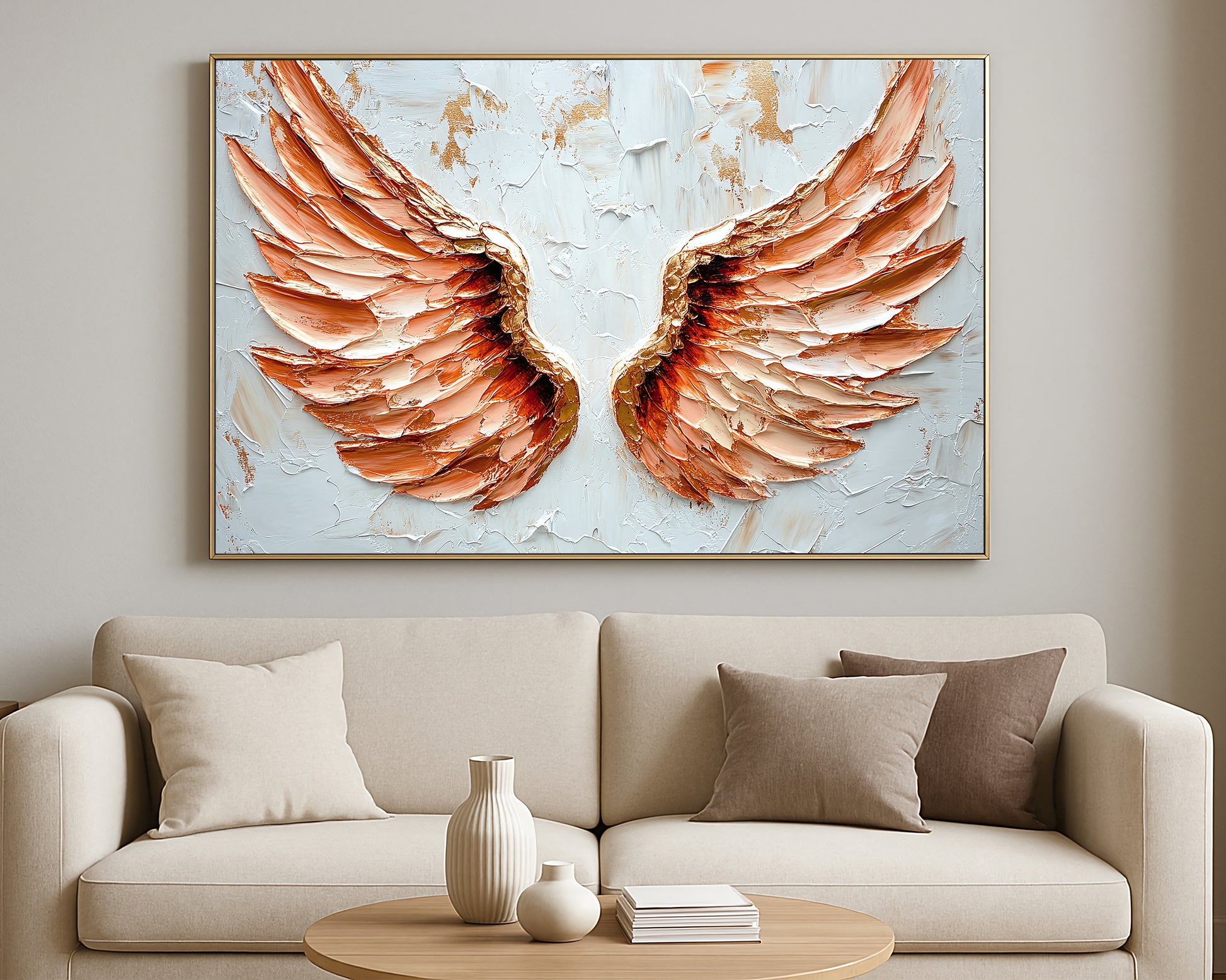 Elegant spiritual wall art showing a pair of peach and cream wings centered on a white textured surface.