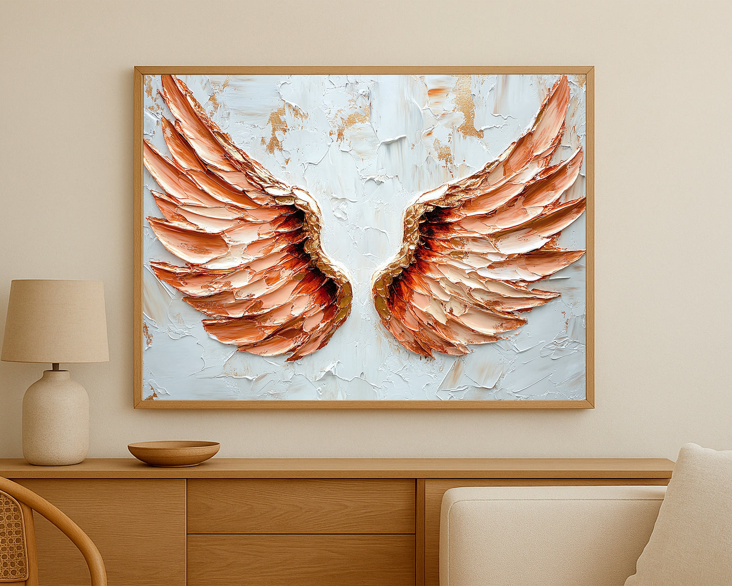 Soft angel wings art print with layered blush-peach feathers and a light neutral textured background.