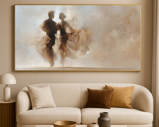 Wide romantic figure artwork showing two dancers moving together in a calm airy neutral composition.