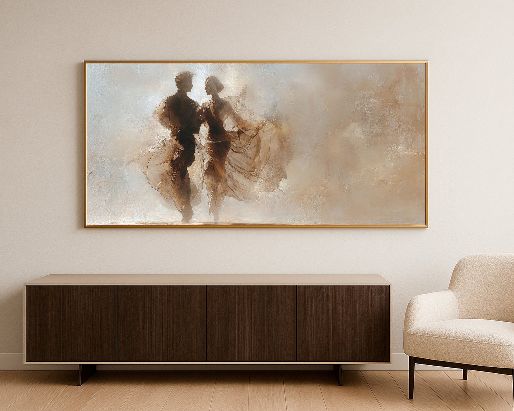 Soft abstract couple wall art with flowing dress-like movement, warm brown shadows, and cream background.