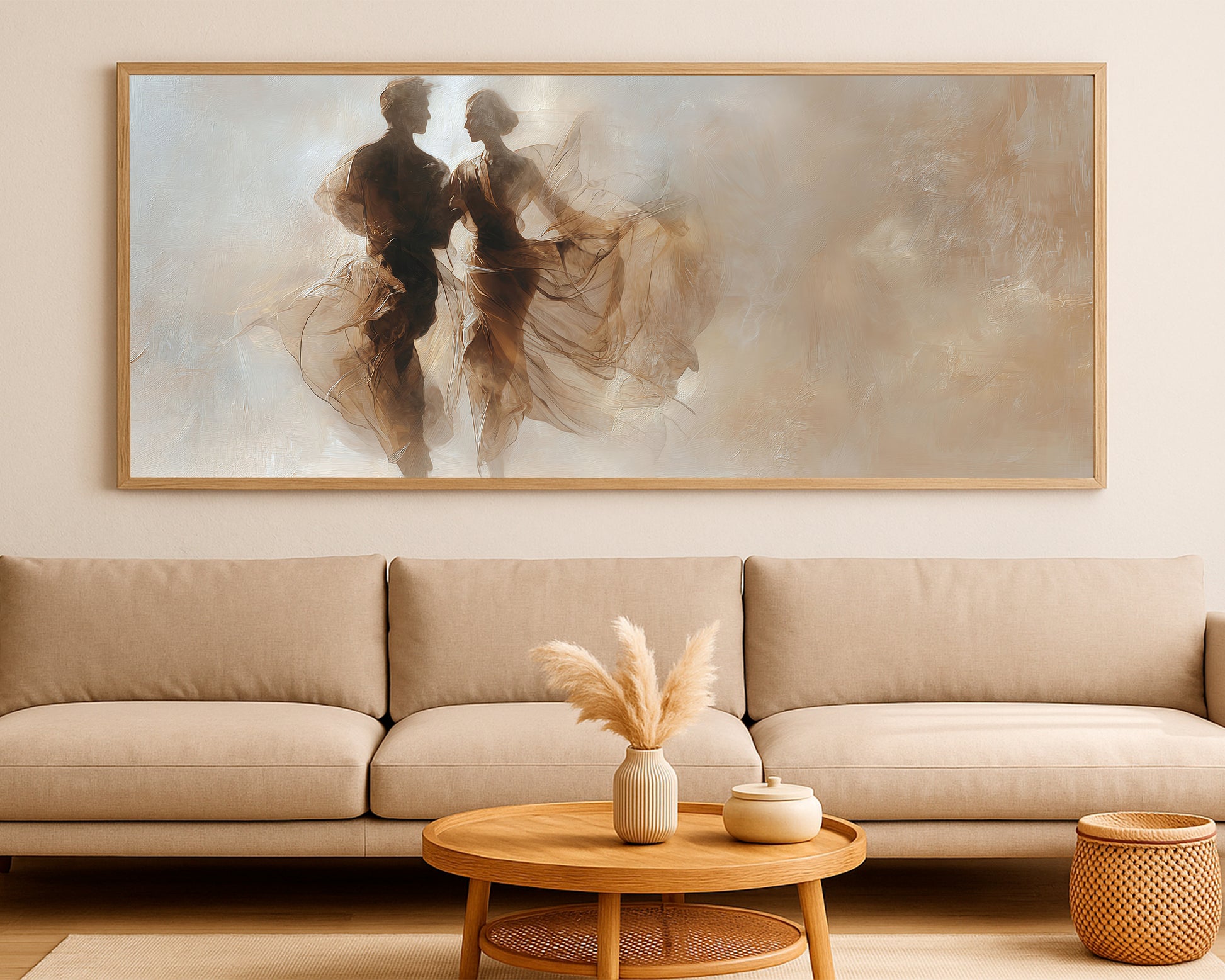 Elegant panoramic figure print featuring two connected silhouettes with warm neutral texture and open space.