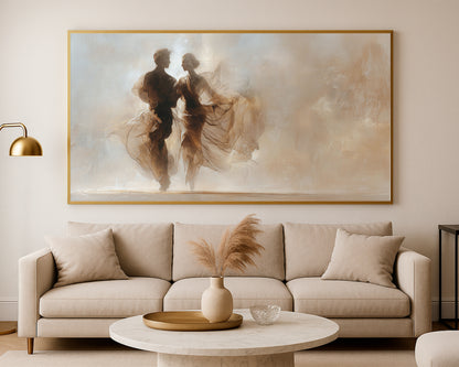 Calm couple dance artwork with beige and taupe tones, soft abstract movement, and refined painterly texture.