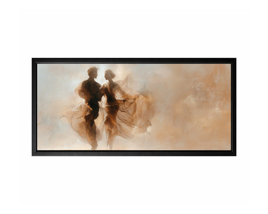 Panoramic couple dance wall art with two soft abstract figures in warm beige, taupe, brown, and cream tones.