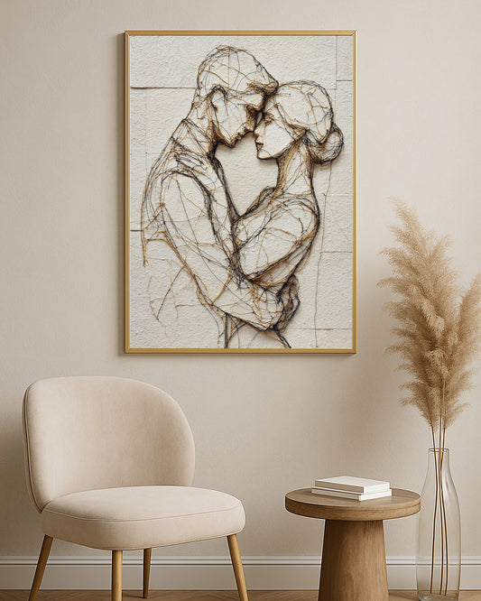 Romantic couple artwork made with expressive black and gold wire-like lines on beige texture.