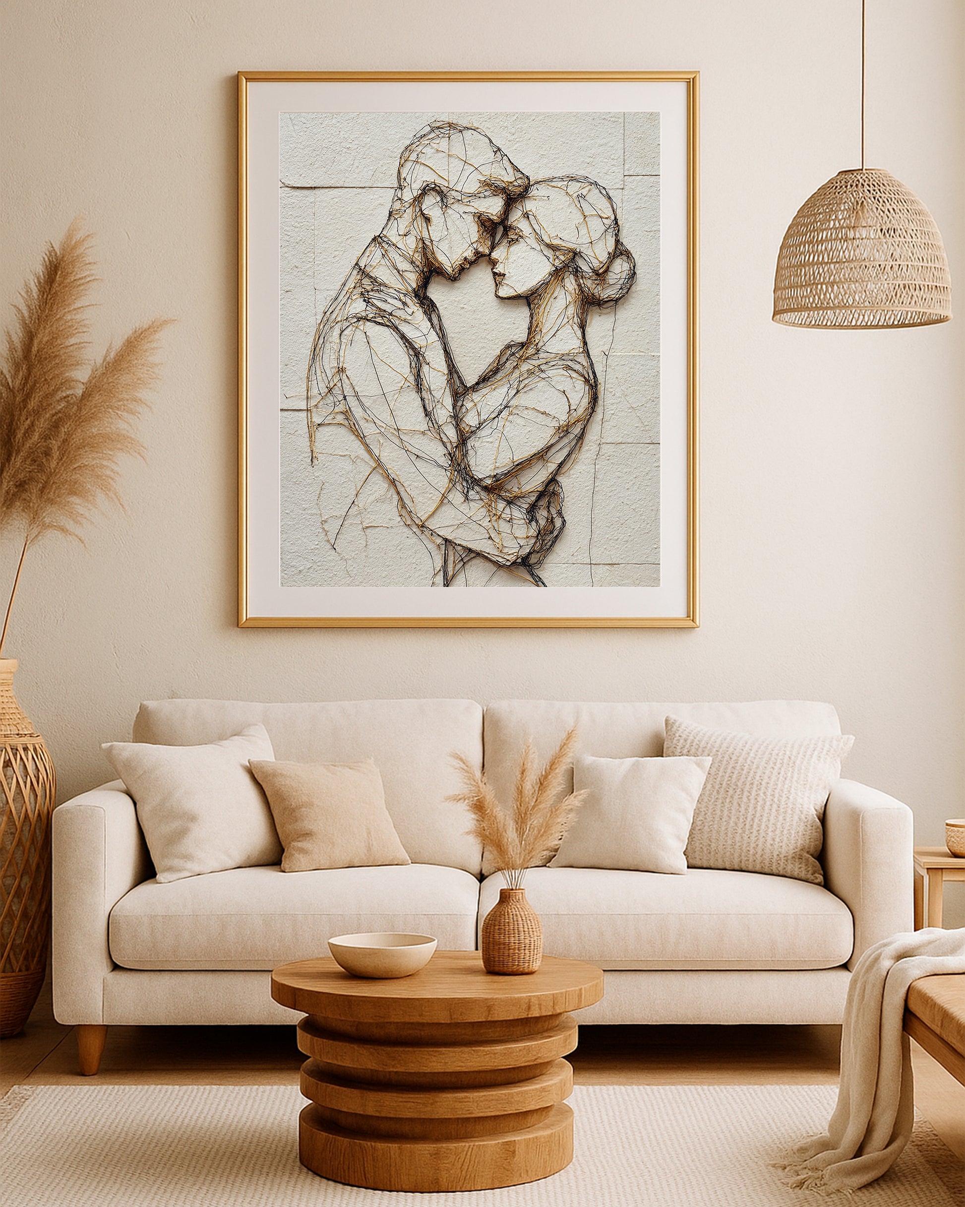 Neutral textured love print with two figures close together on a stone-style background.