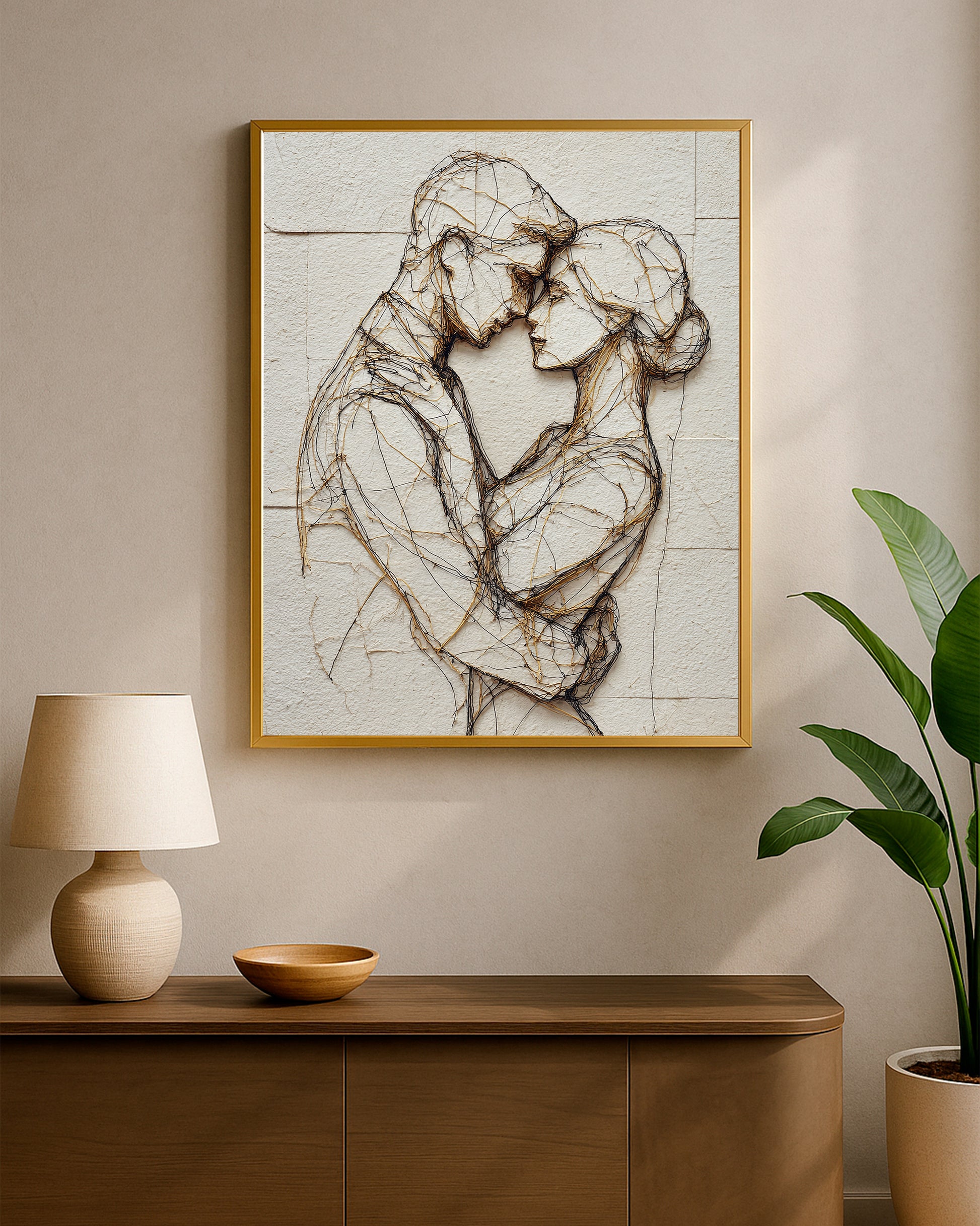 Sculptural couple embrace artwork with black linework, gold accents, and warm beige tones.