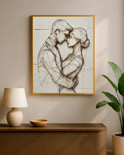 Sculptural couple embrace artwork with black linework, gold accents, and warm beige tones.