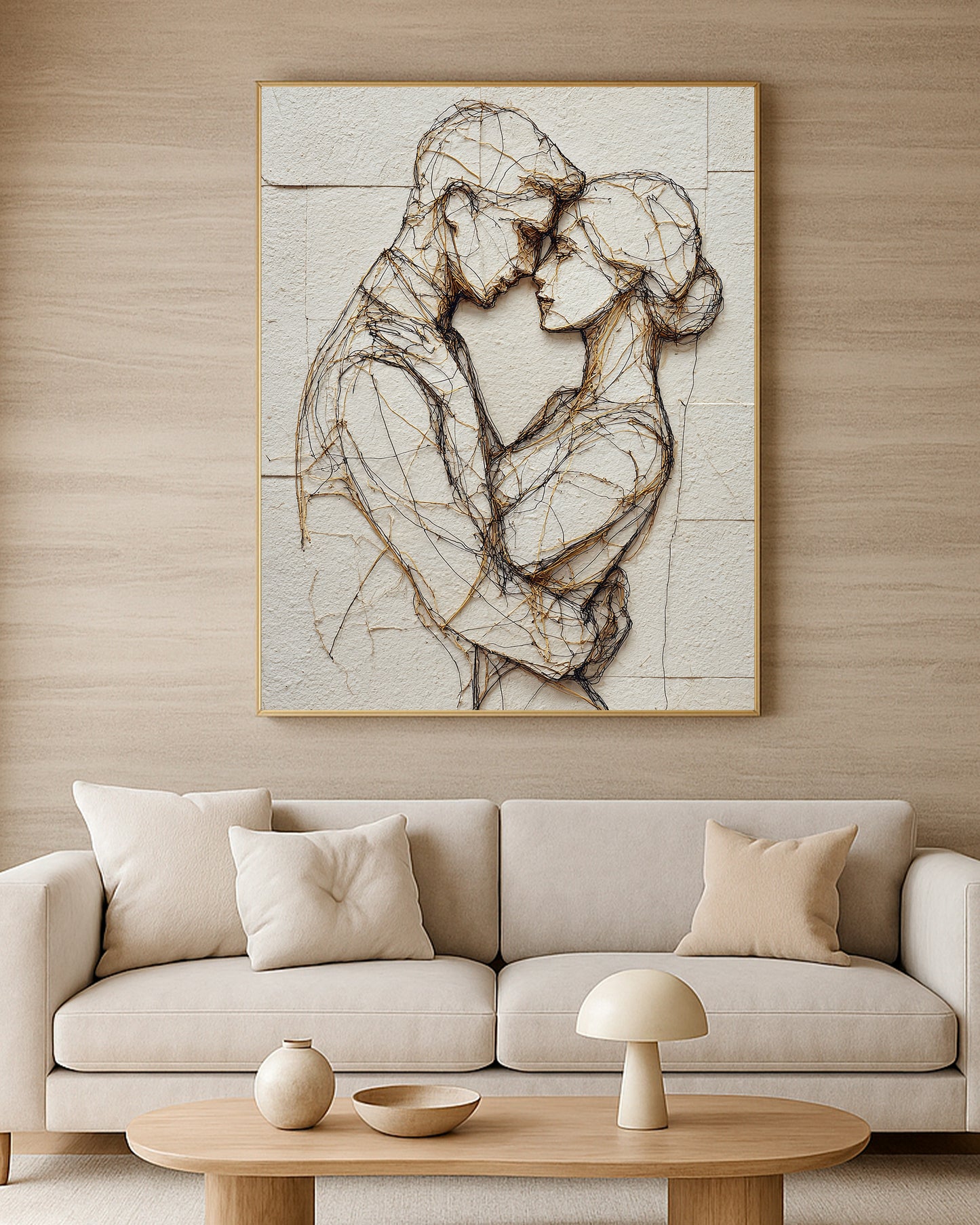 Modern romantic wall art featuring two embracing figures in abstract wire-style detail.