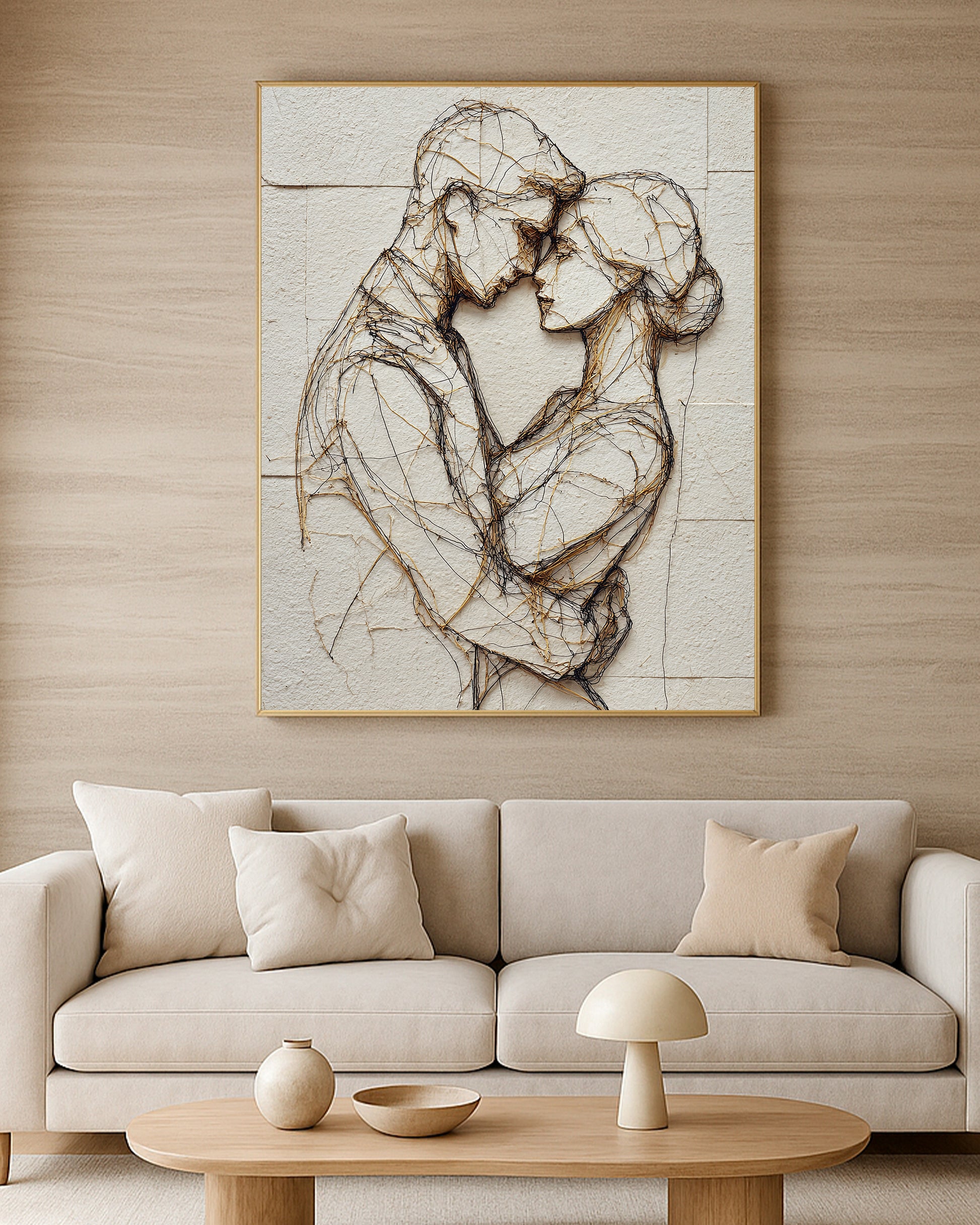Modern romantic wall art featuring two embracing figures in abstract wire-style detail.