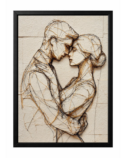 Textured wire couple wall art showing two figures leaning together in an intimate embrace.