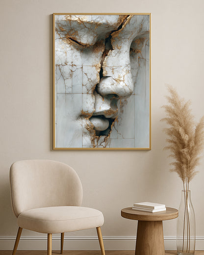 Close-up marble face artwork with broken white panels, metallic gold cracks, and dramatic fine art texture.