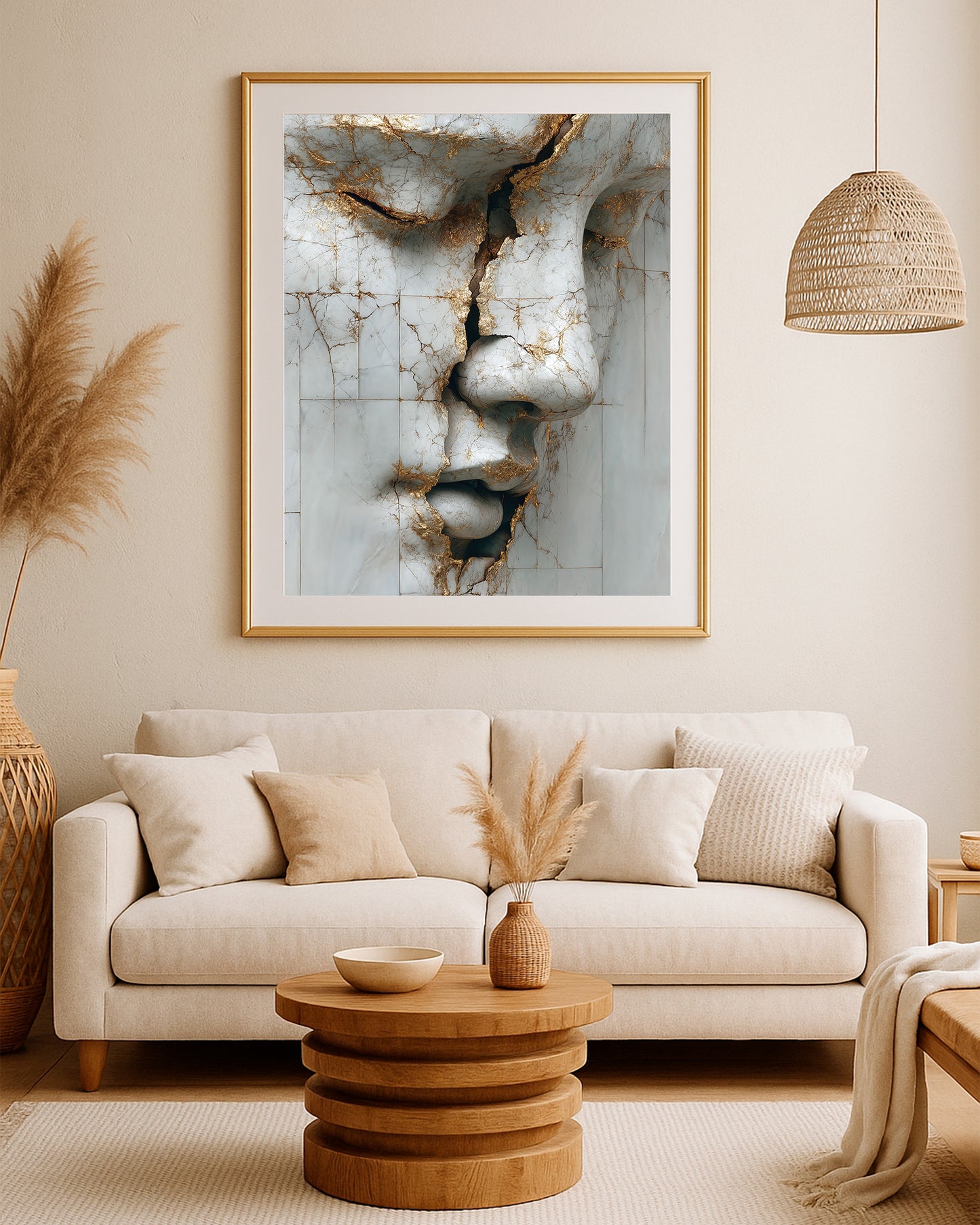 Textured portrait wall art showing a fragmented stone face with gold accents and neutral gray-white tones.