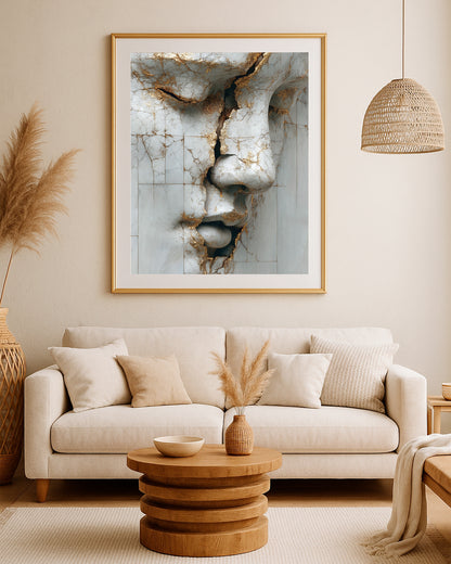 Textured portrait wall art showing a fragmented stone face with gold accents and neutral gray-white tones.